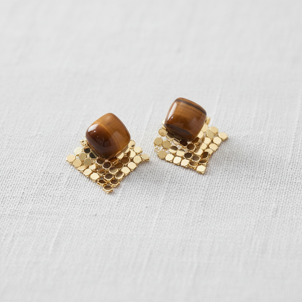 Tiger Eye Geometric Tassel Earrings